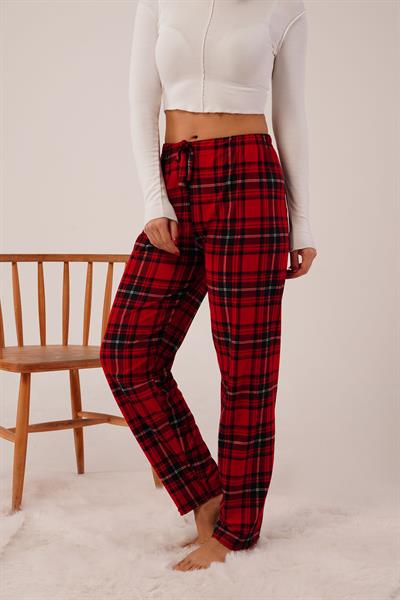 Ekose Desen İpeksi Doku Kırmızı Süet Pijama Altı