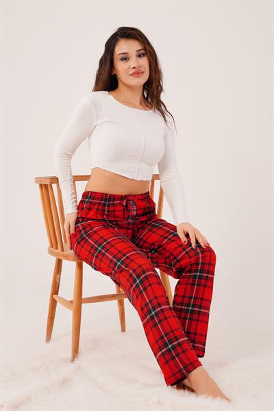 Ekose Desen İpeksi Doku Kırmızı Süet Pijama Altı