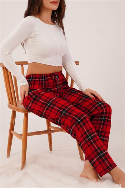 Ekose Desen İpeksi Doku Kırmızı Süet Pijama Altı