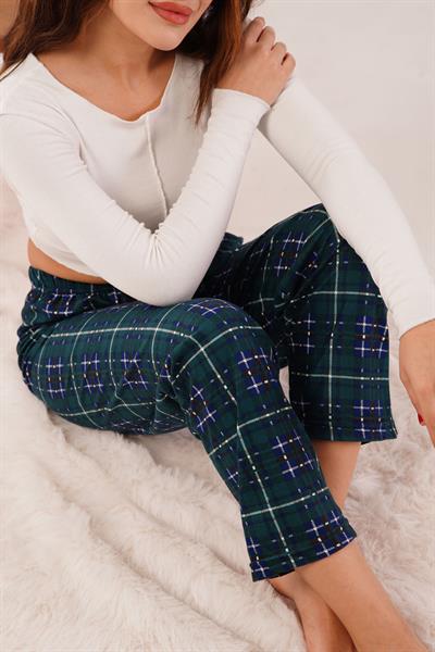 Ekose Desen İpeksi Doku Zümrüt Yeşili Süet Pijama Altı