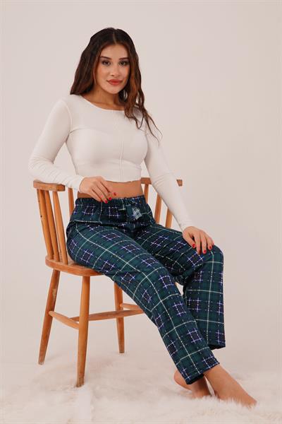 Ekose Desen İpeksi Doku Zümrüt Yeşili Süet Pijama Altı