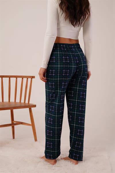 Ekose Desen İpeksi Doku Zümrüt Yeşili Süet Pijama Altı
