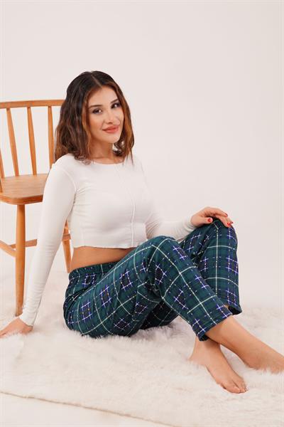 Ekose Desen İpeksi Doku Zümrüt Yeşili Süet Pijama Altı