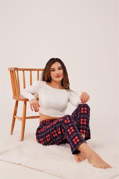 Ekose Desenli İpeksi Doku Lacivert Süet Pijama Altı