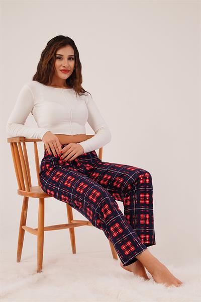 Ekose Desenli İpeksi Doku Lacivert Süet Pijama Altı