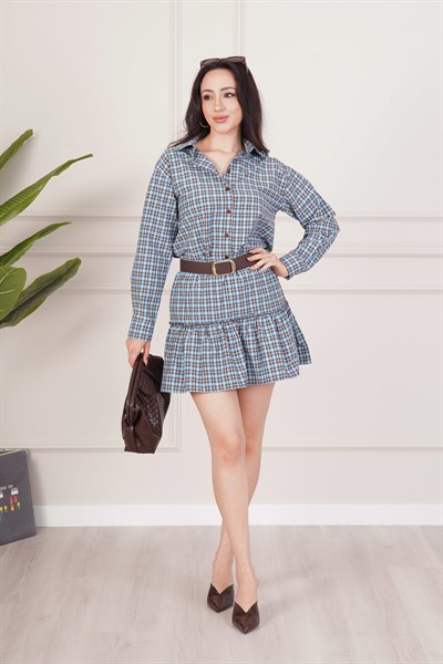 Ekose Desenli Kahve Gömlek Etek Takım