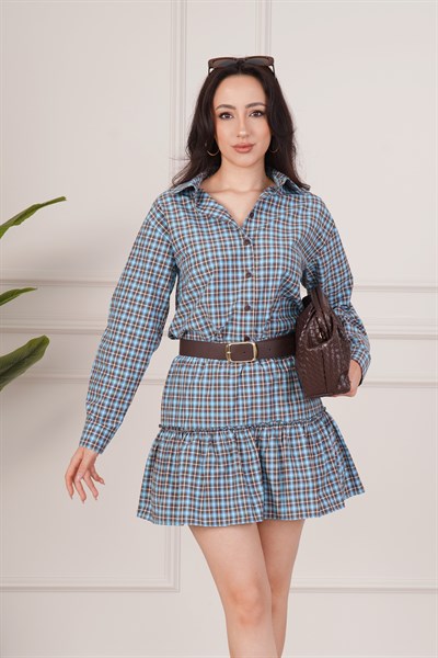 Ekose Desenli Kahve Gömlek Etek Takım