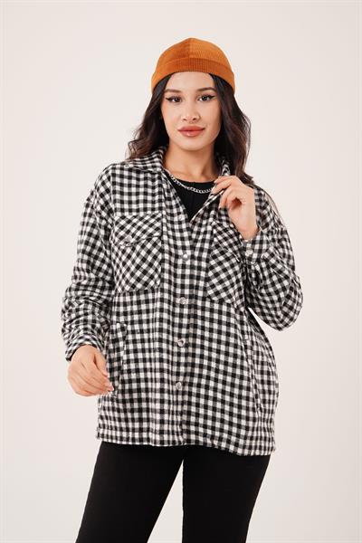 Ekose Kareli Cepli Ekru Oduncu Gömlek Ceket