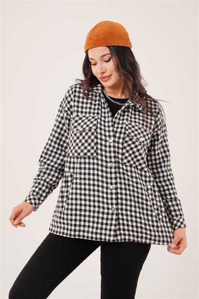 Ekose Kareli Cepli Ekru Oduncu Gömlek Ceket