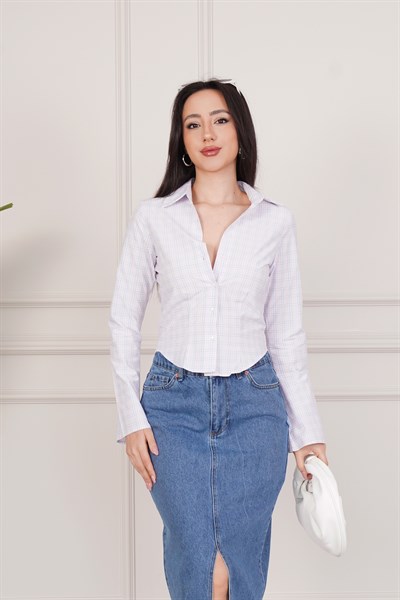 Pastel Ekose Desenli Bel Oturtmalı Gömlek