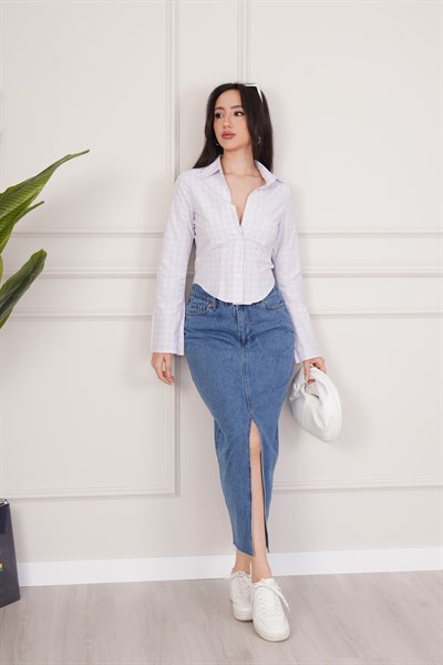 Pastel Ekose Desenli Bel Oturtmalı Gömlek