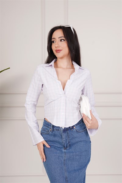 Pastel Ekose Desenli Bel Oturtmalı Gömlek