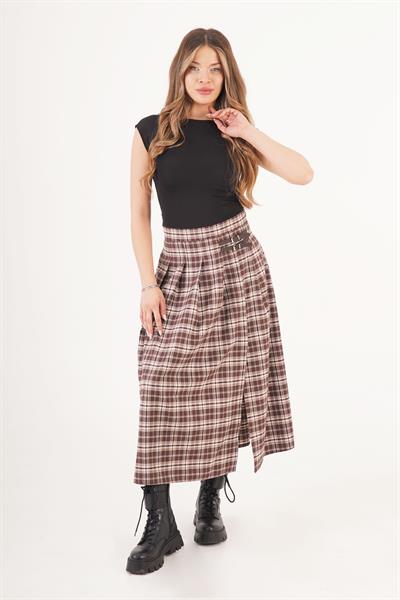 Ekose Desen Yırtmaçlı Kemer Detay Kahve Uzun Etek