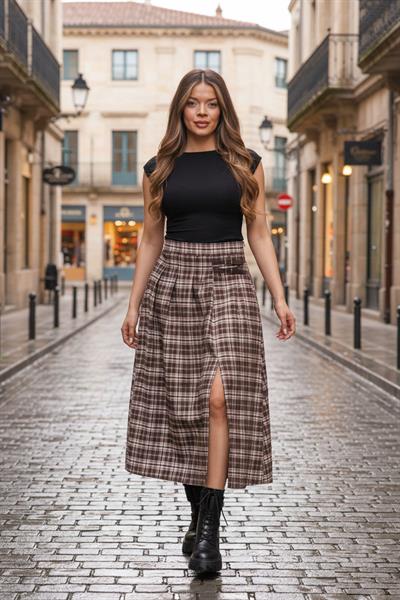 Ekose Desen Yırtmaçlı Kemer Detay Kahve Uzun Etek