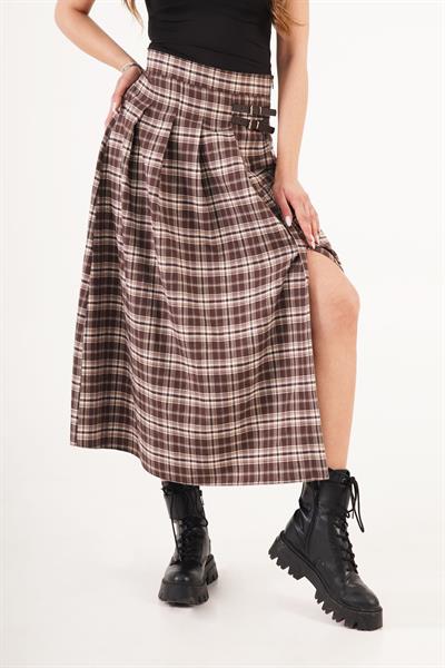 Ekose Desen Yırtmaçlı Kemer Detay Kahve Uzun Etek