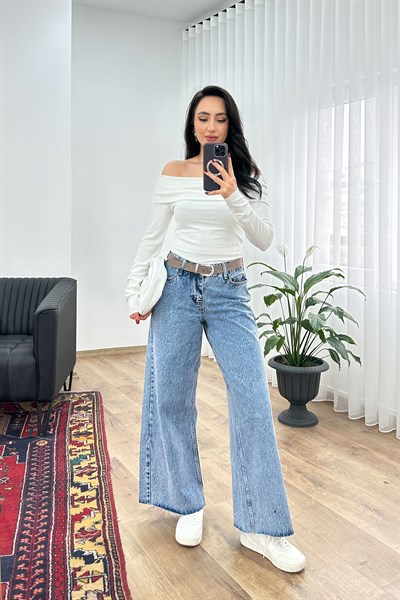 Ekstra Geniş Paça Kesik Orta Bel Jean