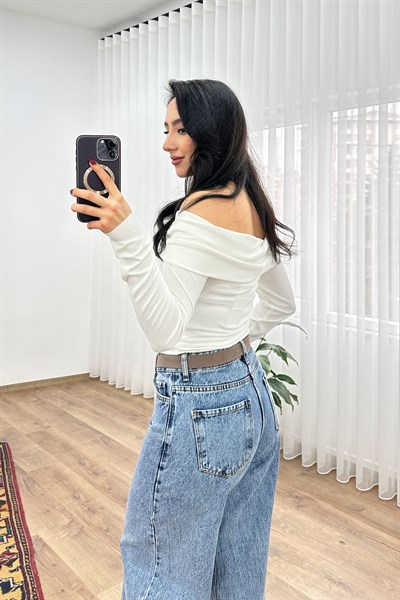 Ekstra Geniş Paça Kesik Orta Bel Jean
