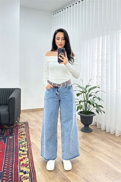 Ekstra Geniş Paça Kesik Orta Bel Jean