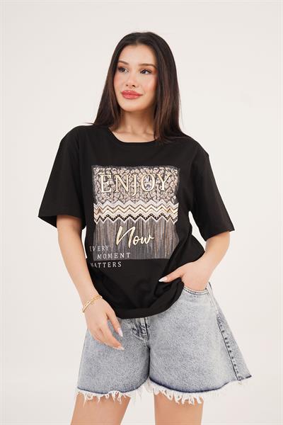 Enjoy Yazılı Baskılı ve Taş Detay Siyah Tişört
