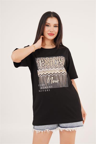 Enjoy Yazılı Baskılı ve Taş Detay Siyah Tişört