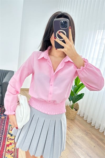 Eteği Gipeli Düğmeli Pembe Gömlek