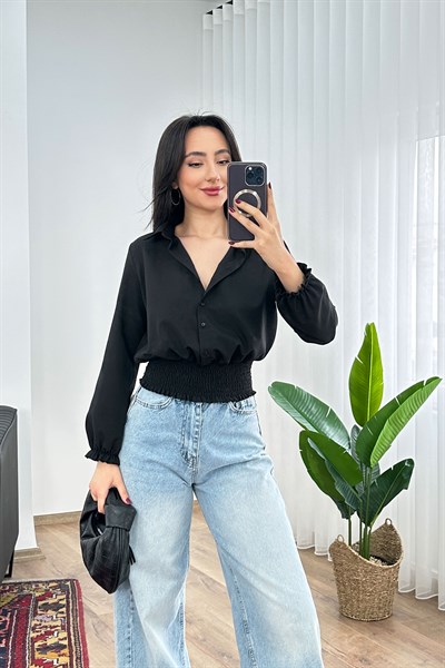 Eteği Gipeli Düğmeli Siyah Gömlek