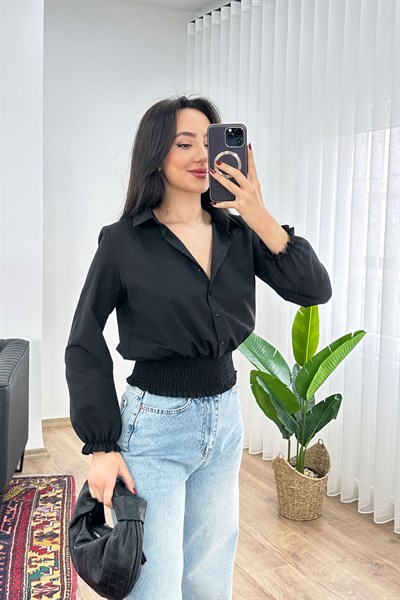 Eteği Gipeli Düğmeli Siyah Gömlek