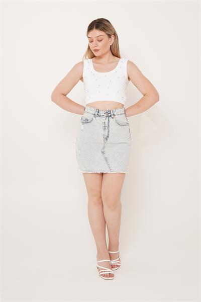Etek Ucu Püsküllü Mini Kot Mavi Denim Etek