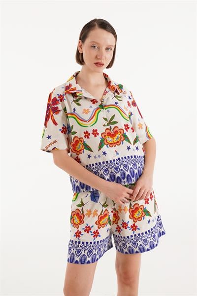 Etnik Desenli Şort Gömlek İkili Takım