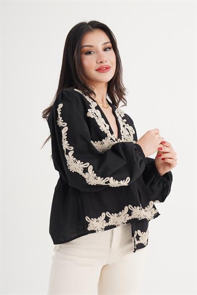 Etnik Nakış İşlemeli Bol Kesim Bağlamalı Siyah Kimono