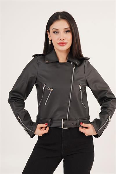 Kemer ve Fermuar Detaylı Siyah Deri Ceket	