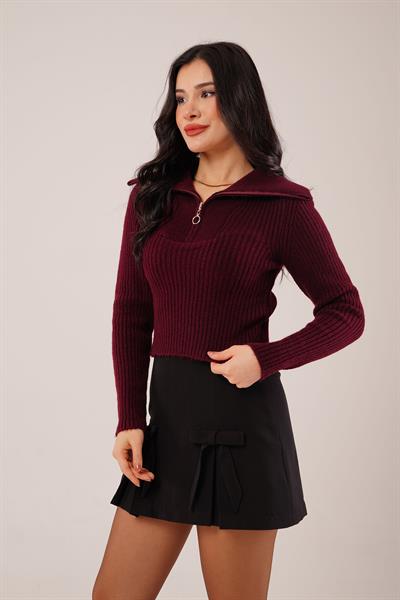 Fermuar Detaylı Kısa Model Bordo Triko Kazak