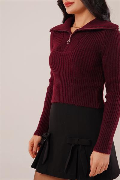 Fermuar Detaylı Kısa Model Bordo Triko Kazak