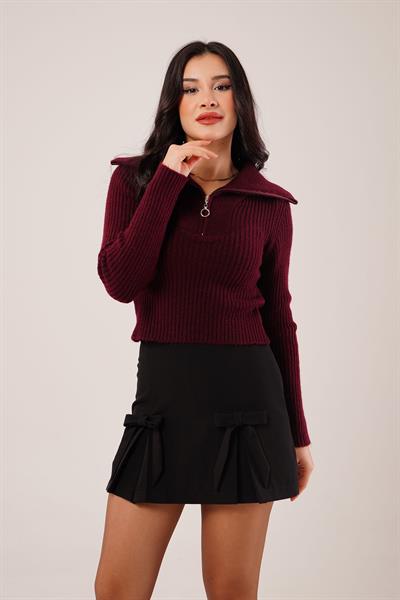 Fermuar Detaylı Kısa Model Bordo Triko Kazak