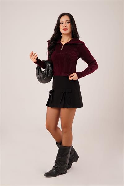 Fermuar Detaylı Kısa Model Bordo Triko Kazak