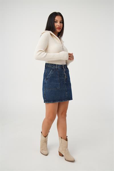 Fermuar Detaylı Kısa Model Ekru Triko Kazak