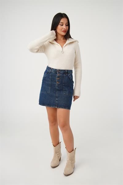 Fermuar Detaylı Kısa Model Ekru Triko Kazak