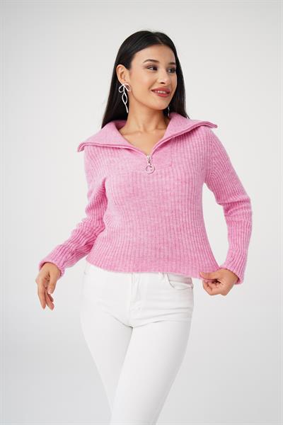 Fermuar Detaylı Kısa Model Pembe Triko Kazak