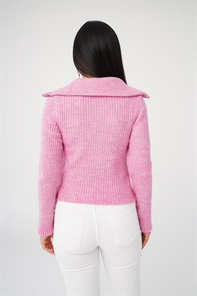 Fermuar Detaylı Kısa Model Pembe Triko Kazak