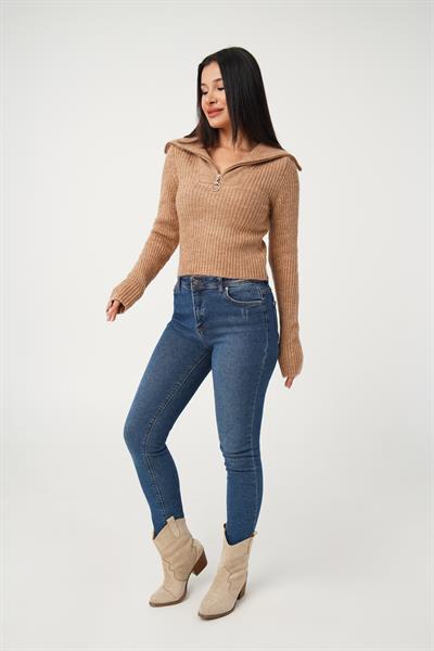 Fermuar Detaylı Kısa Model S.Kahve Triko Kazak