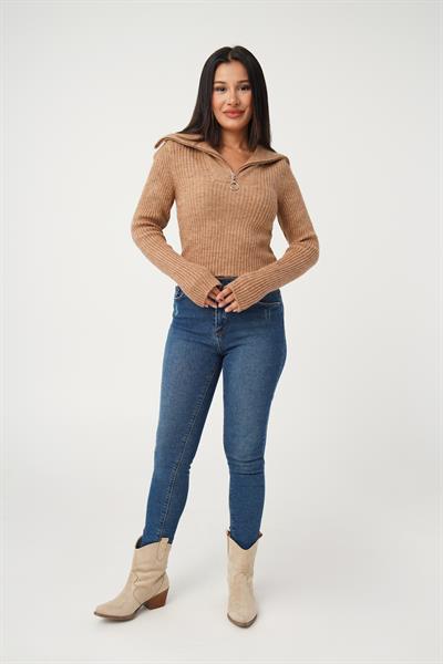 Fermuar Detaylı Kısa Model S.Kahve Triko Kazak