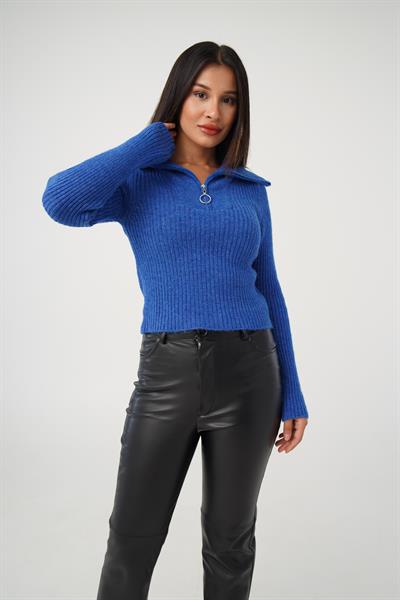 Fermuar Detaylı Kısa Model Saks Triko Kazak