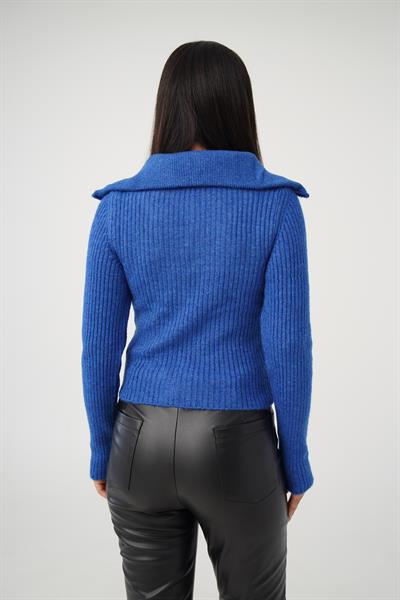 Fermuar Detaylı Kısa Model Saks Triko Kazak