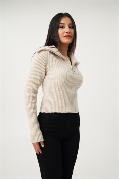 Fermuar Detaylı Kısa Model Taş Triko Kazak