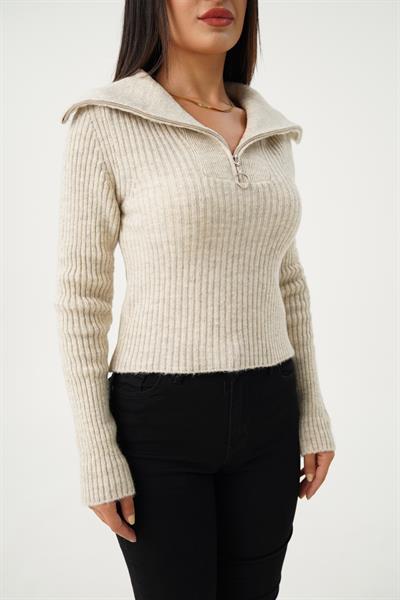 Fermuar Detaylı Kısa Model Taş Triko Kazak