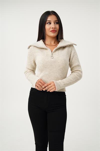 Fermuar Detaylı Kısa Model Taş Triko Kazak