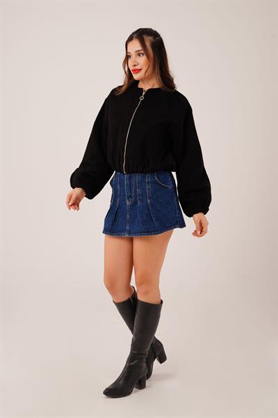 Bisiklet Yaka Fermuarlı Siyah Bomber Ceket