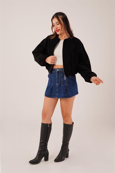 Bisiklet Yaka Fermuarlı Siyah Bomber Ceket