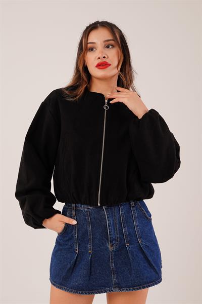 Bisiklet Yaka Fermuarlı Siyah Bomber Ceket