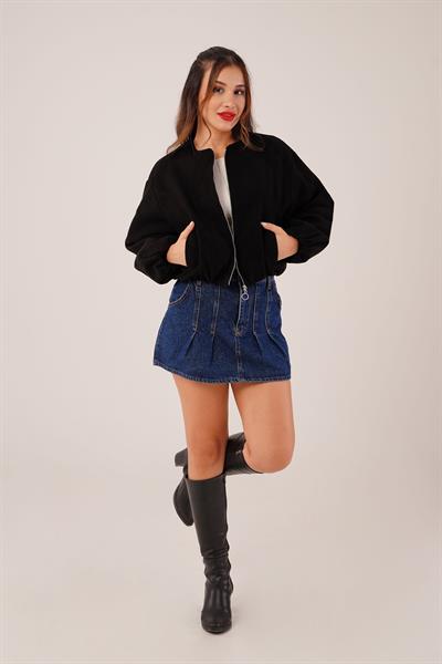 Bisiklet Yaka Fermuarlı Siyah Bomber Ceket